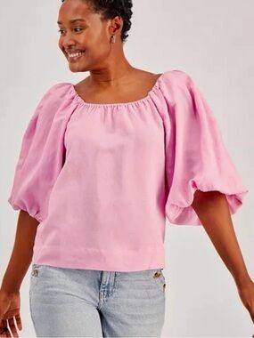 ON 34th Women's Pink Puff-Sleeve Square Neck Blouse